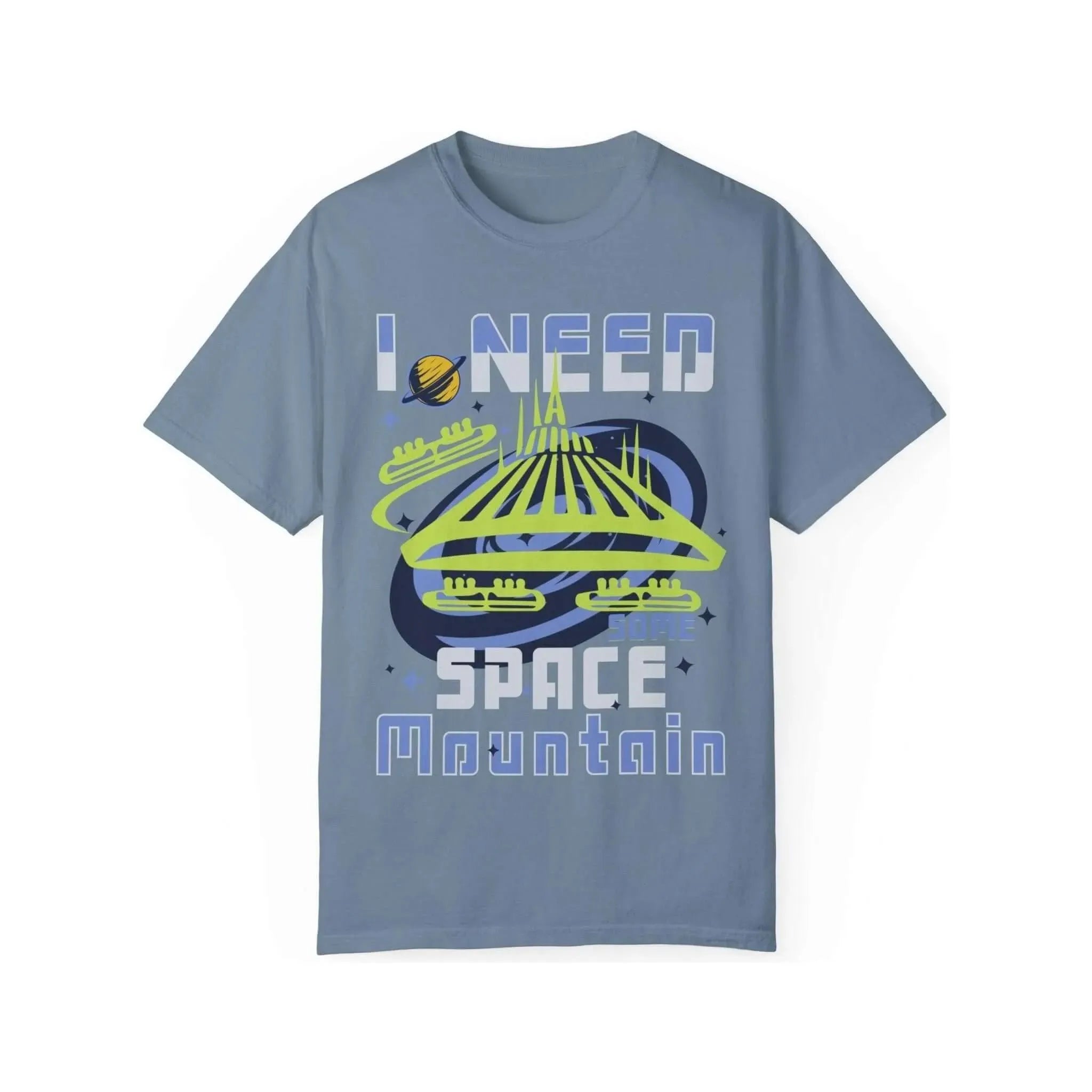 Blue t-shirt with Space Mountain graphic and text 'I need space mountain', Disney-inspired design